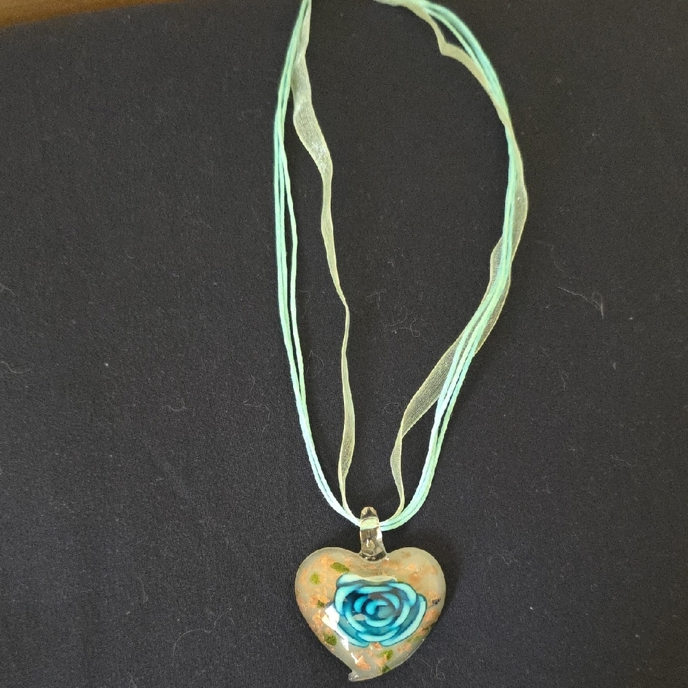 Heart Pendant Necklace with Blue Rose Design